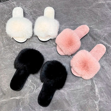 Xajzpa New Woman Slippers Winter Simple Word Fur Flats Soft Home Women Slippers Faux Fur Warm Bedroom Leisure Female Shoes